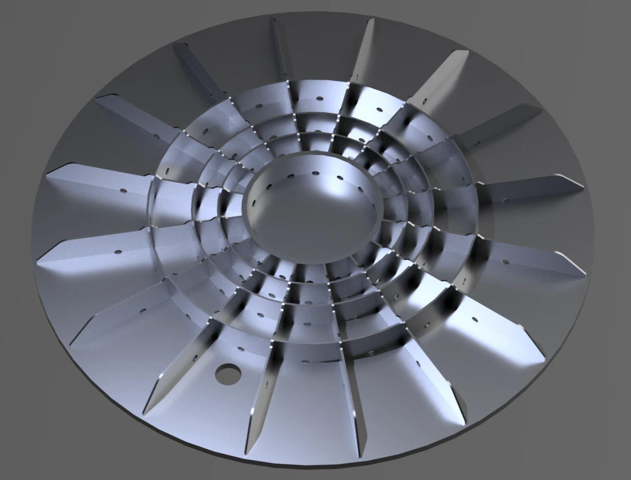 CAD rendering of the Hopper V2 common bulkhead with radial webs and concentric rings