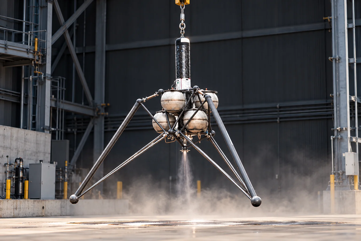 AI-generated illustration of Hopper tethered to an overhead crane during a flight test